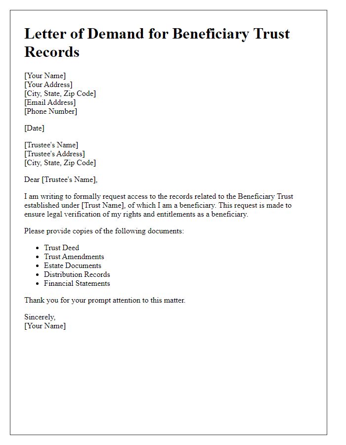 Letter template of demand for beneficiary trust records for legal verification.