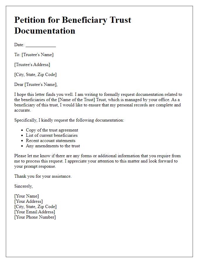 Letter template of petition for beneficiary trust documentation for personal records.