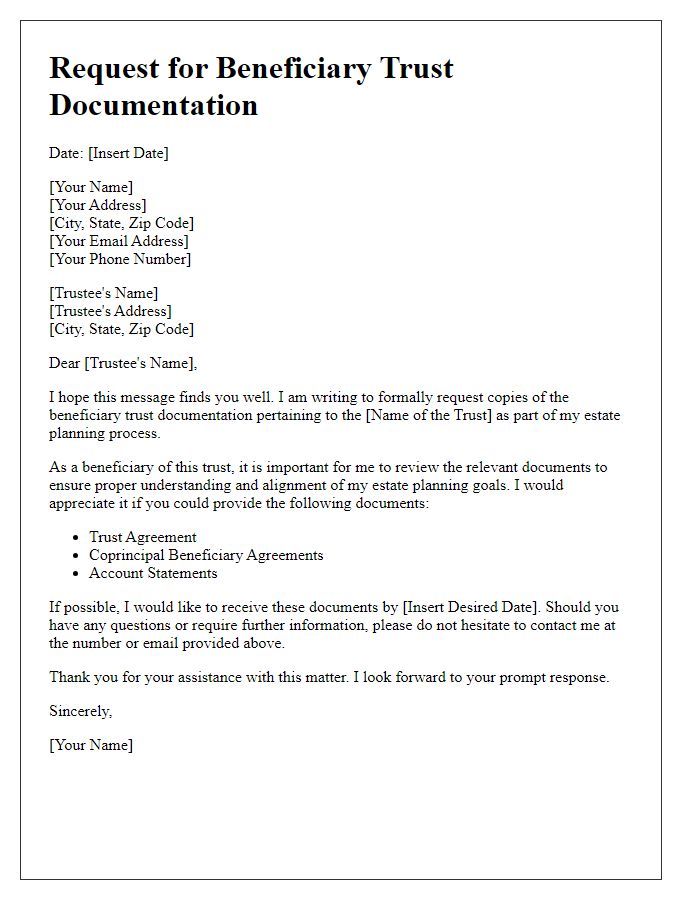 Letter template of request for beneficiary trust documentation for estate planning.