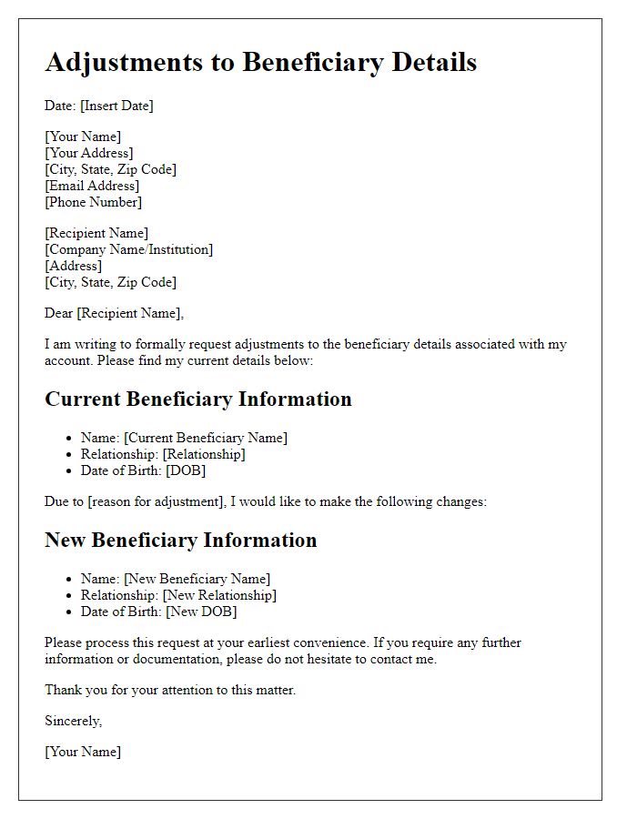 Letter template of Adjustments to Beneficiary Details