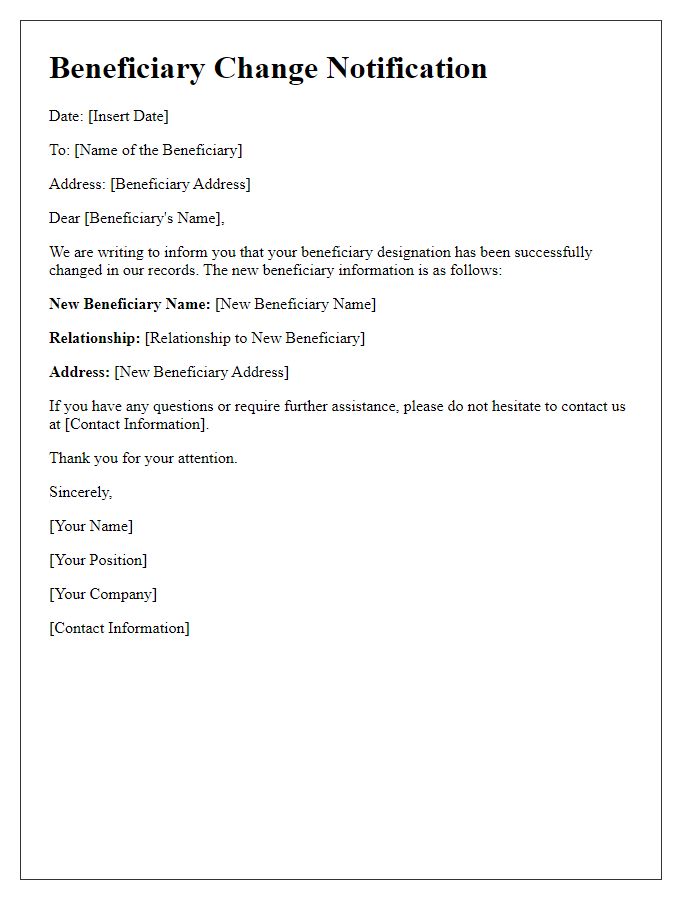 Letter template of Beneficiary Change Notification