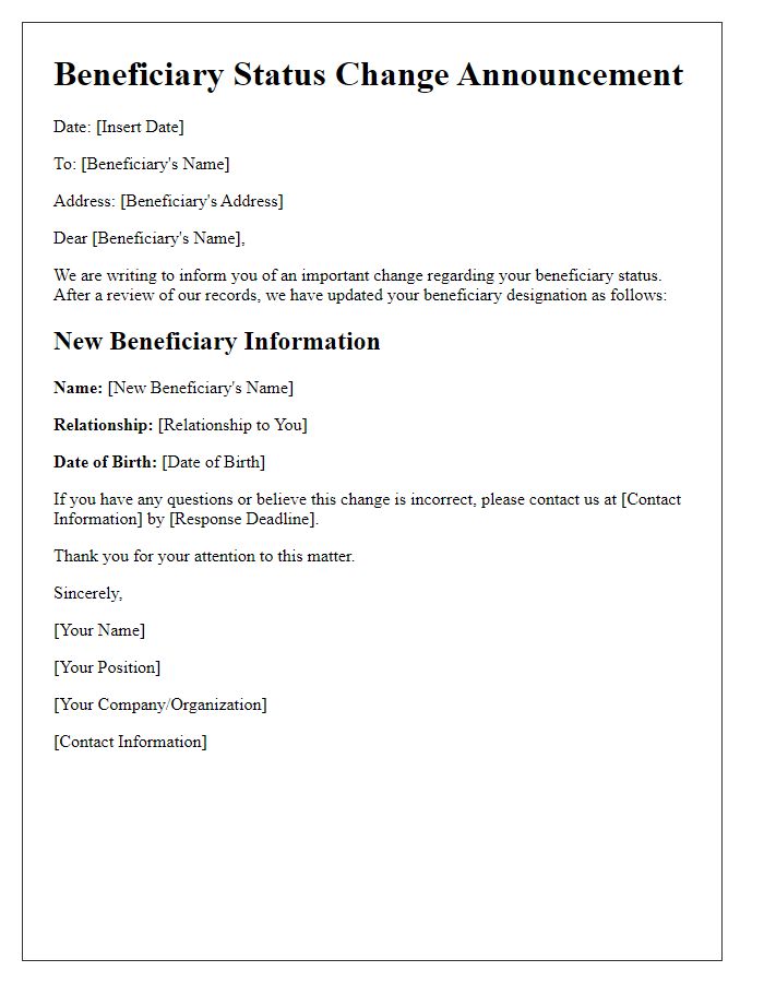 Letter template of Beneficiary Status Change Announcement