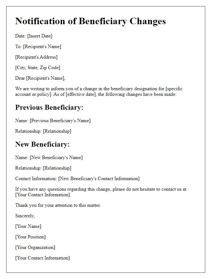 Letter template of Communication on Beneficiary Changes