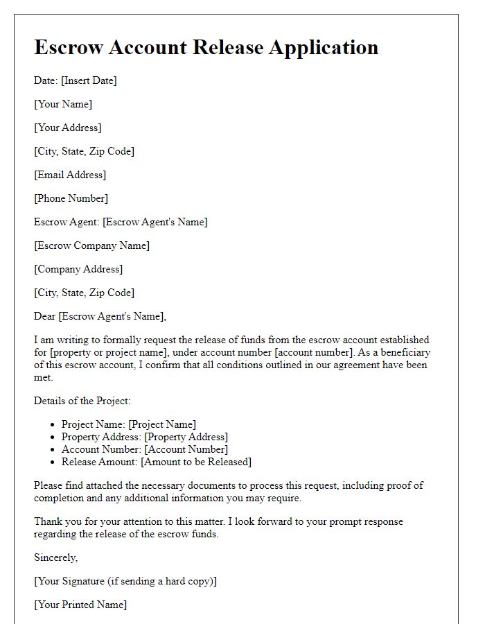 Letter template of escrow account release application for beneficiaries.