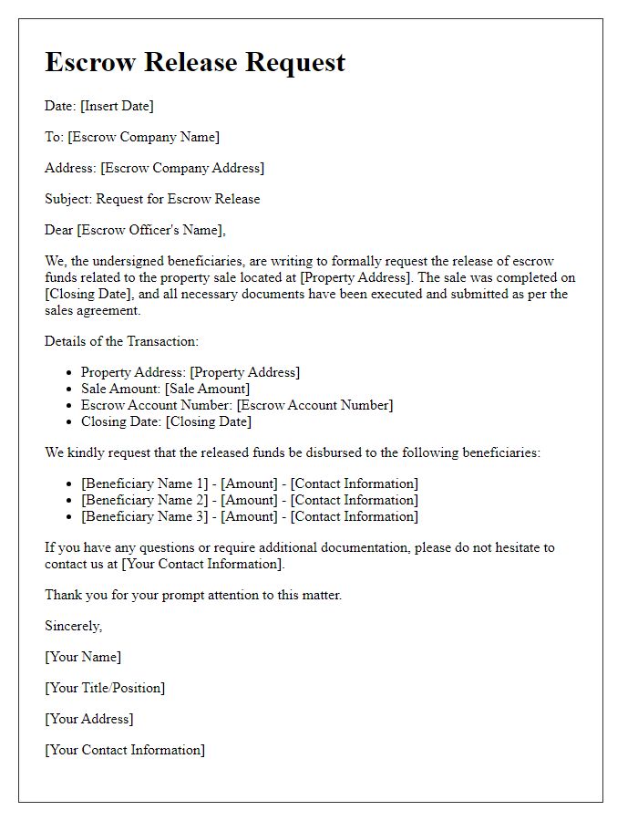 Letter template of escrow release request for beneficiaries related to property sale.