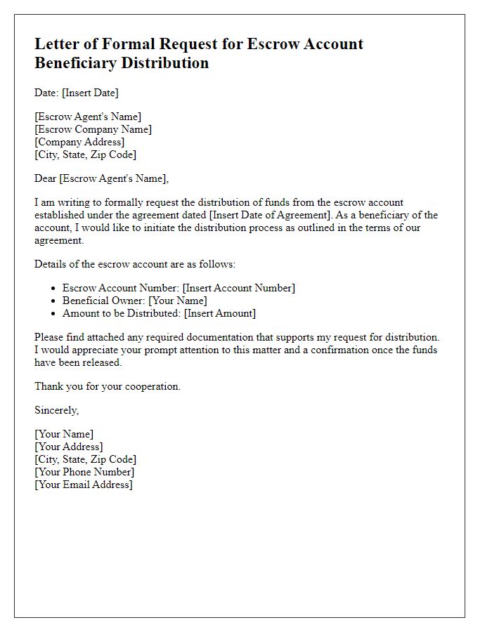 Letter template of formal request for escrow account beneficiary distribution.