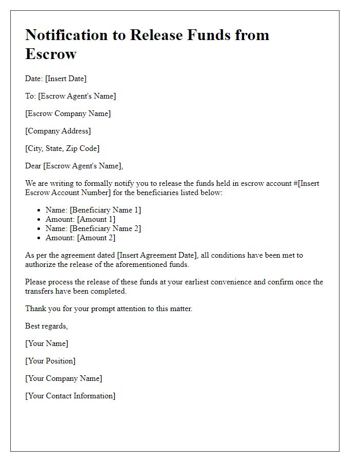 Letter template of notification to release funds from escrow for beneficiaries.