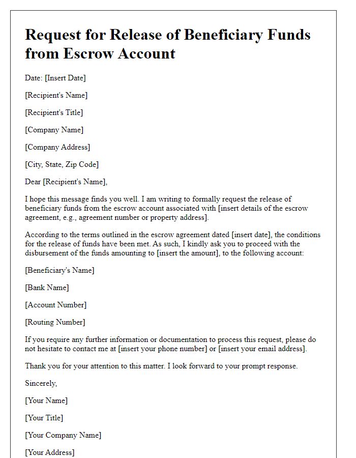 Letter template of request to release beneficiary funds from escrow account.