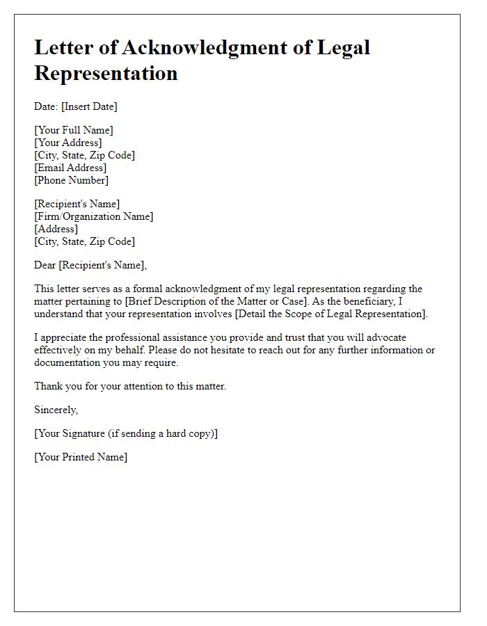 Letter template of Acknowledgment of Legal Representation for Beneficiary