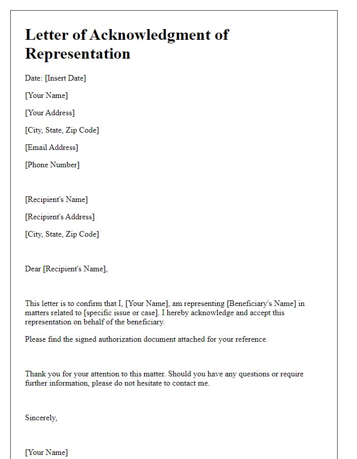 Letter template of Acknowledgment of Representation on Behalf of Beneficiary