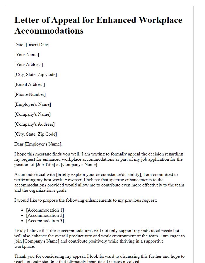 Letter template of appeal for enhanced workplace accommodations in job application