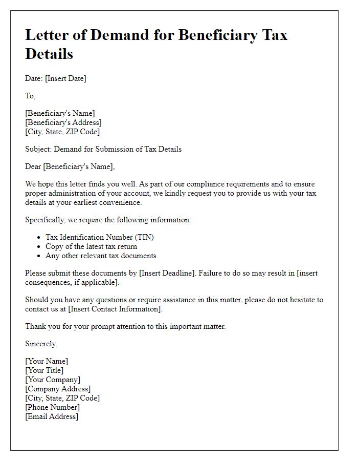 Letter template of demand for beneficiary tax details