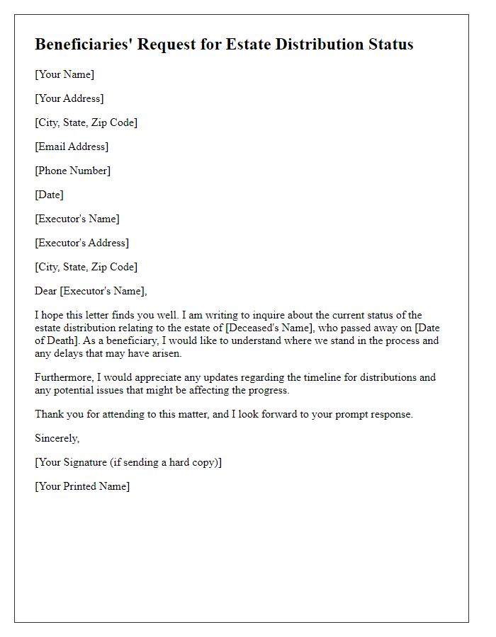 Letter template of beneficiaries' request for estate distribution status