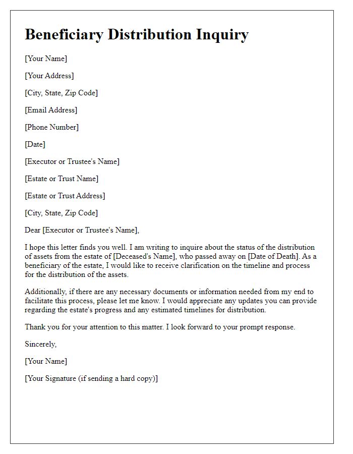 Letter template of beneficiary distribution inquiry for estate assets