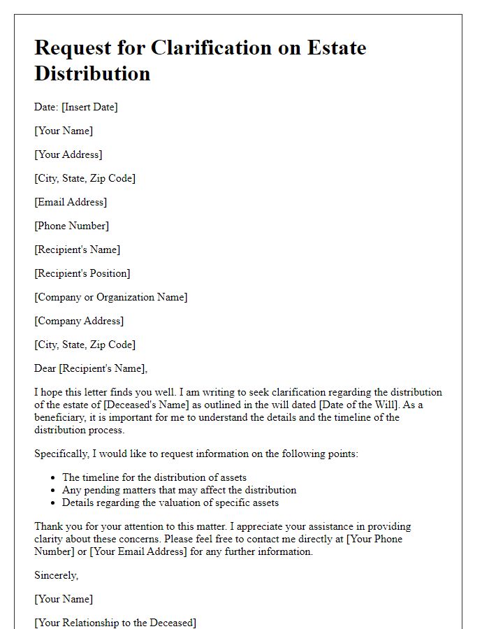 Letter template of request for clarification on estate distribution for beneficiaries