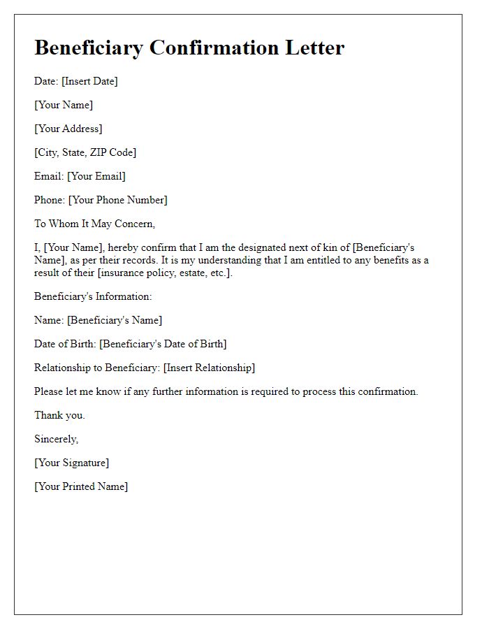 Letter template of beneficiary confirmation for next of kin