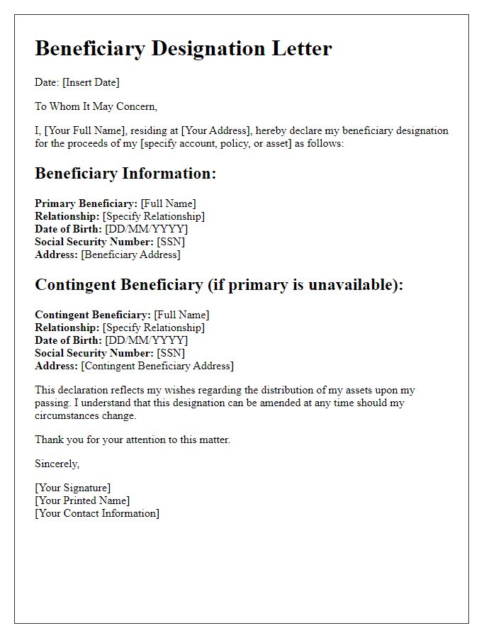 Letter template of beneficiary designation for next of kin declaration