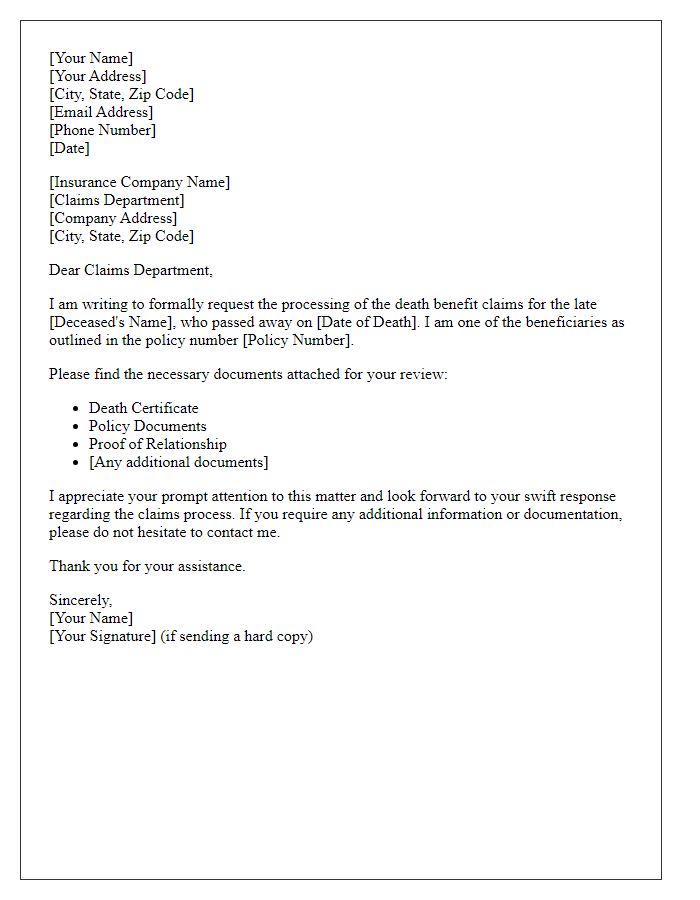 Letter template of requesting death benefit claims processing for beneficiaries