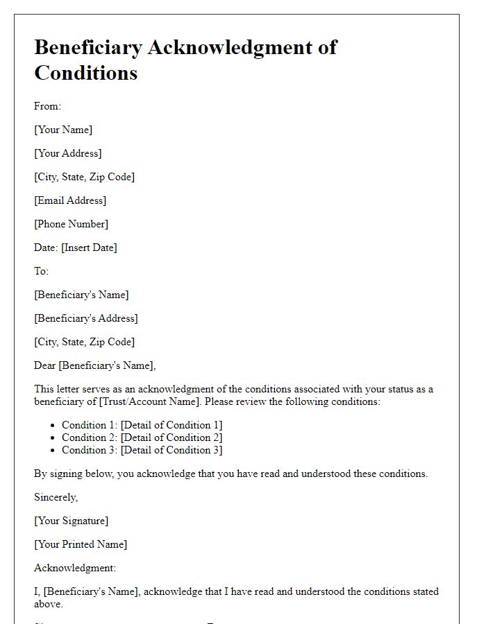 Letter template of beneficiary acknowledgment of conditions