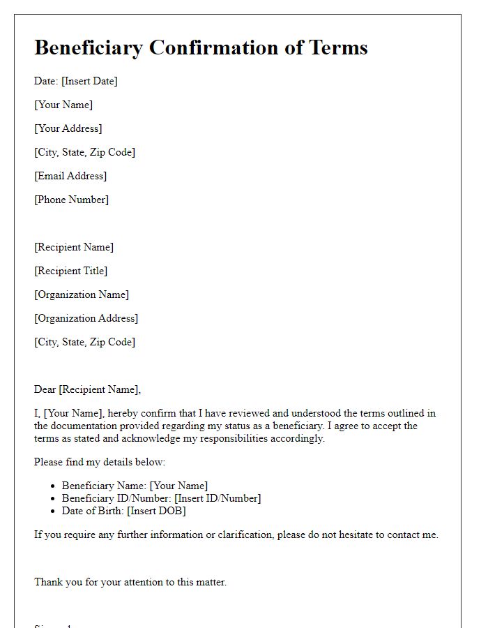 Letter template of beneficiary confirmation of terms