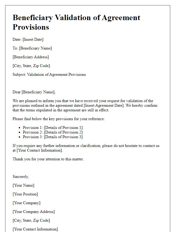 Letter template of beneficiary validation of agreement provisions