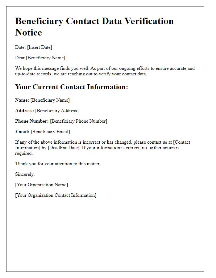 Letter template of beneficiary contact data verification notice