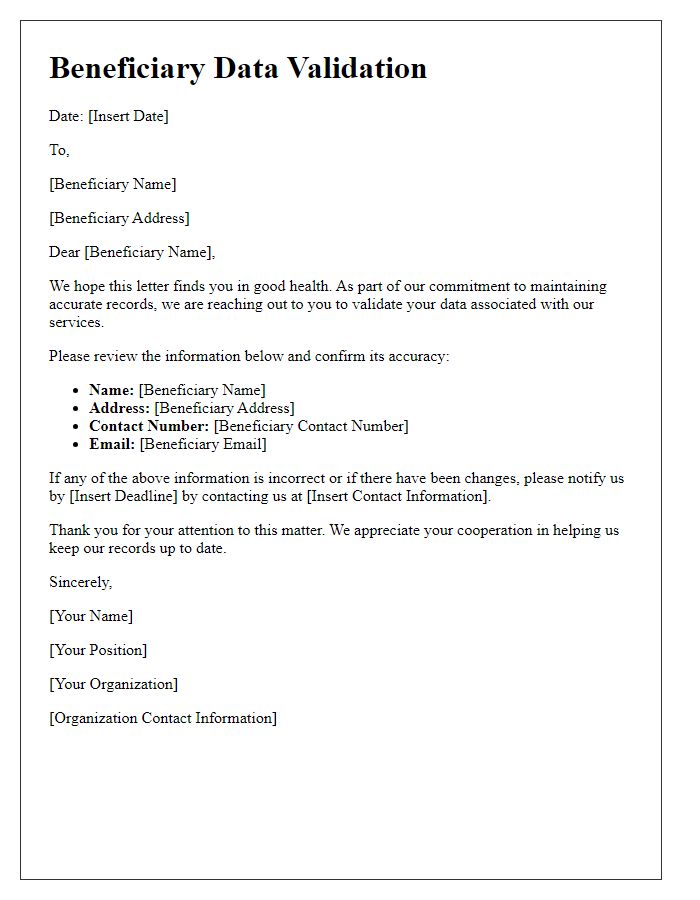 Letter template of beneficiary data validation