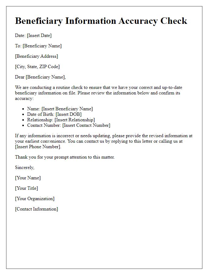 Letter template of beneficiary information accuracy check