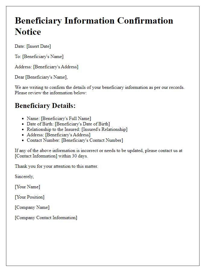 Letter template of beneficiary information confirmation notice