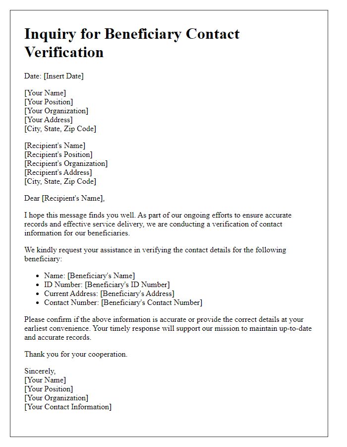 Letter template of inquiry for beneficiary contact verification