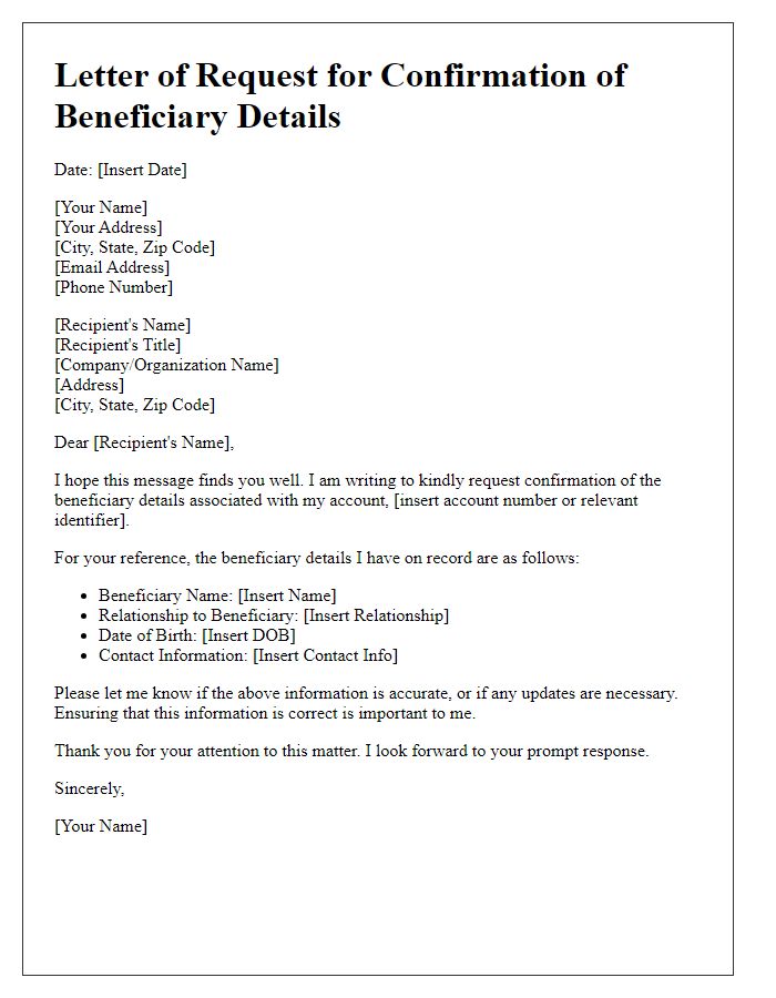 Letter template of request to confirm beneficiary details