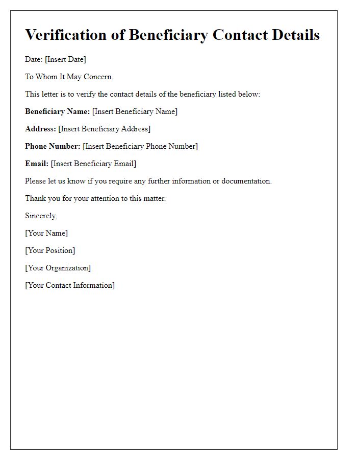 Letter template of verification of beneficiary contact details