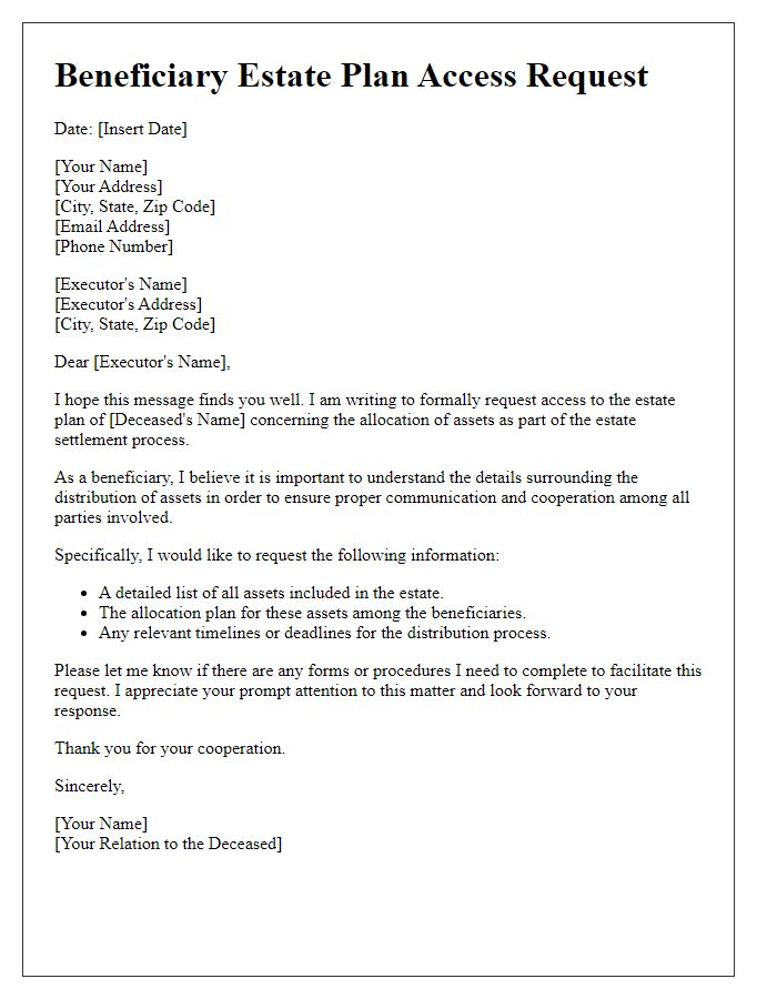 Letter template of beneficiary estate plan access request for asset allocation details.