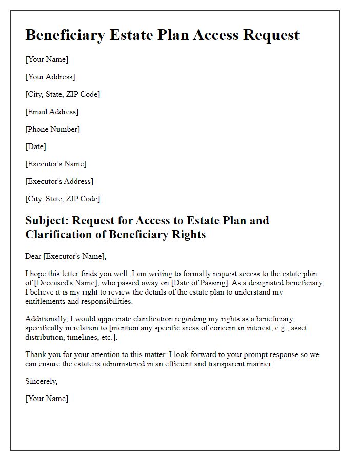 Letter template of beneficiary estate plan access request for beneficiary rights clarification.