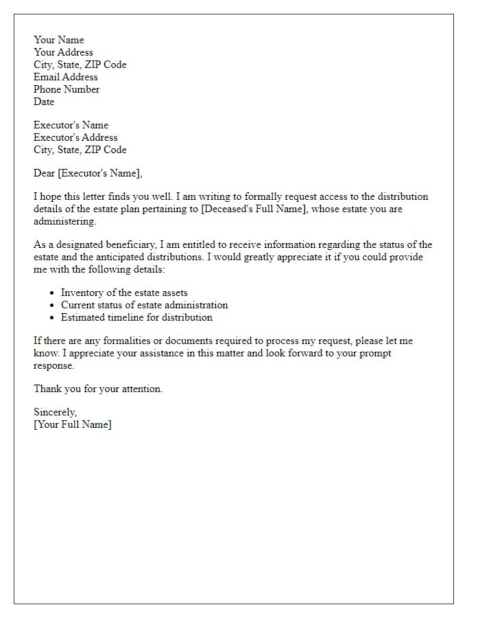 Letter template of beneficiary estate plan access request for distribution details.