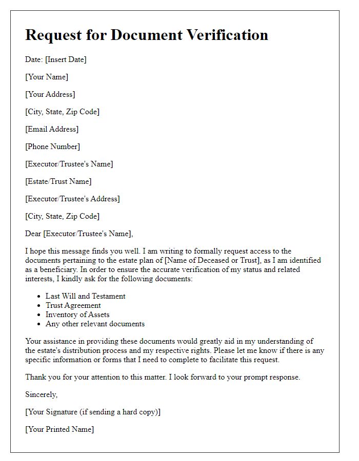 Letter template of beneficiary estate plan access request for document verification.