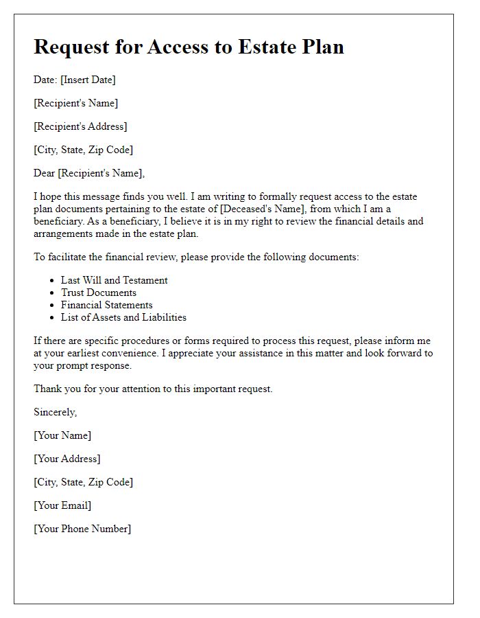 Letter template of beneficiary estate plan access request for financial review.