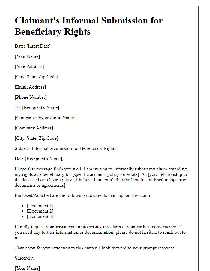 Letter template of claimant's informal submission for beneficiary rights