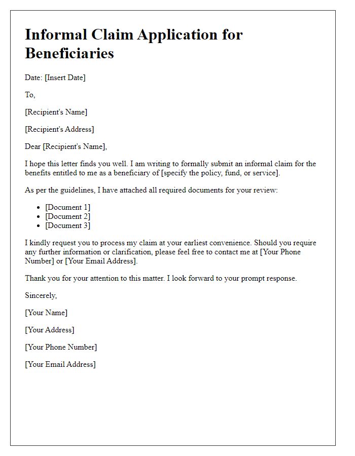 Letter template of informal claim application for beneficiaries