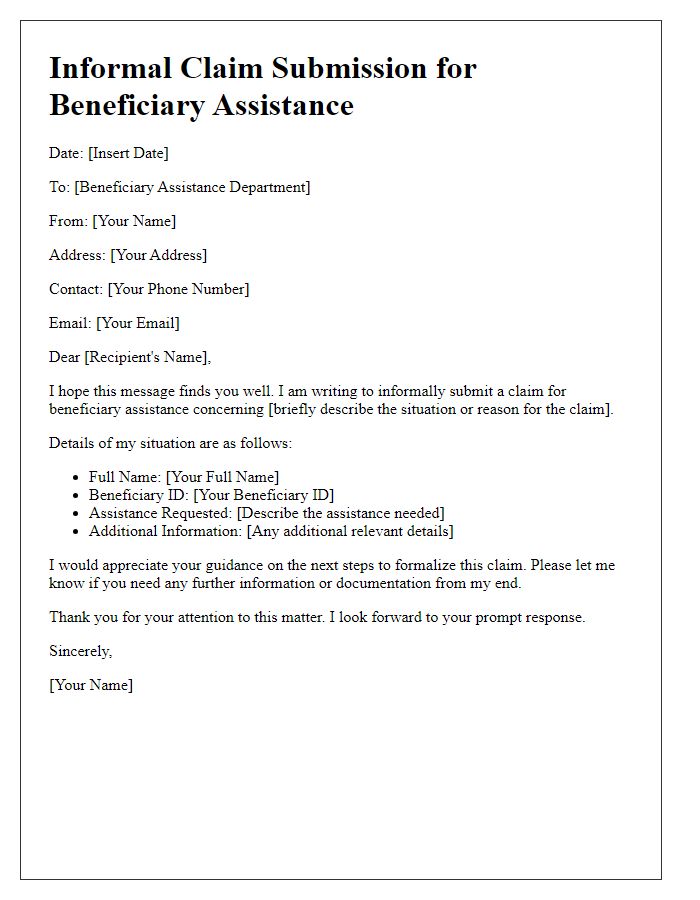 Letter template of informal claim submission for beneficiary assistance