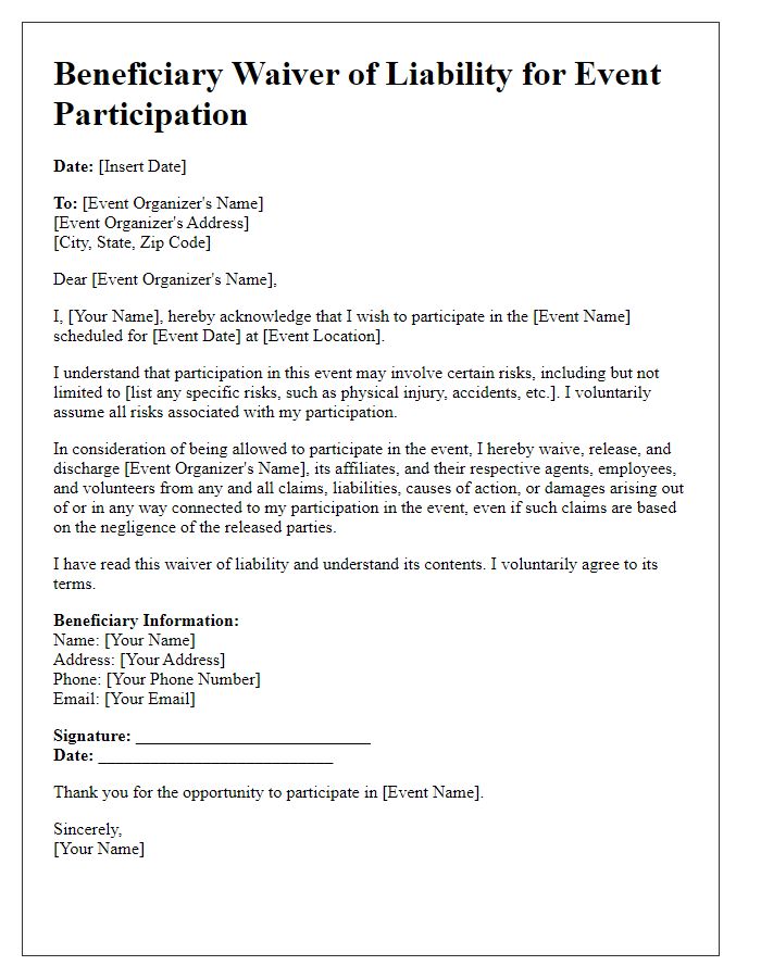 Letter template of Beneficiary Waiver of Liability for Event Participation