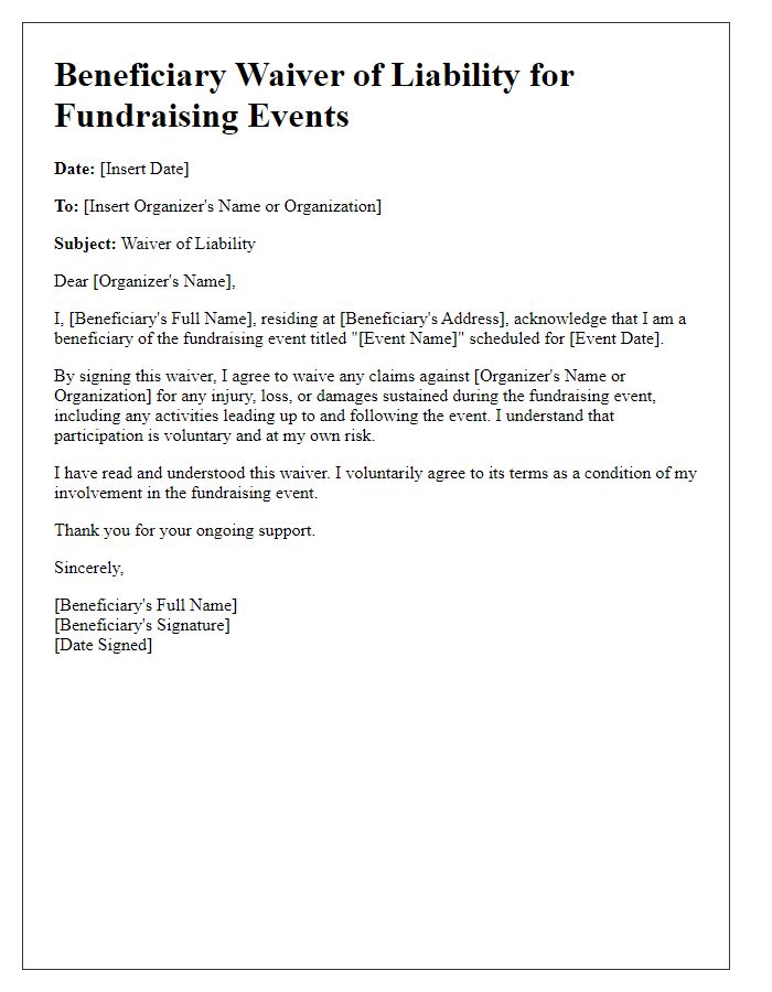 Letter template of Beneficiary Waiver of Liability for Fundraising Events