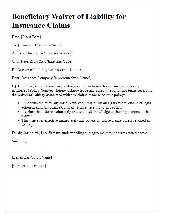 Letter template of Beneficiary Waiver of Liability for Insurance Claims