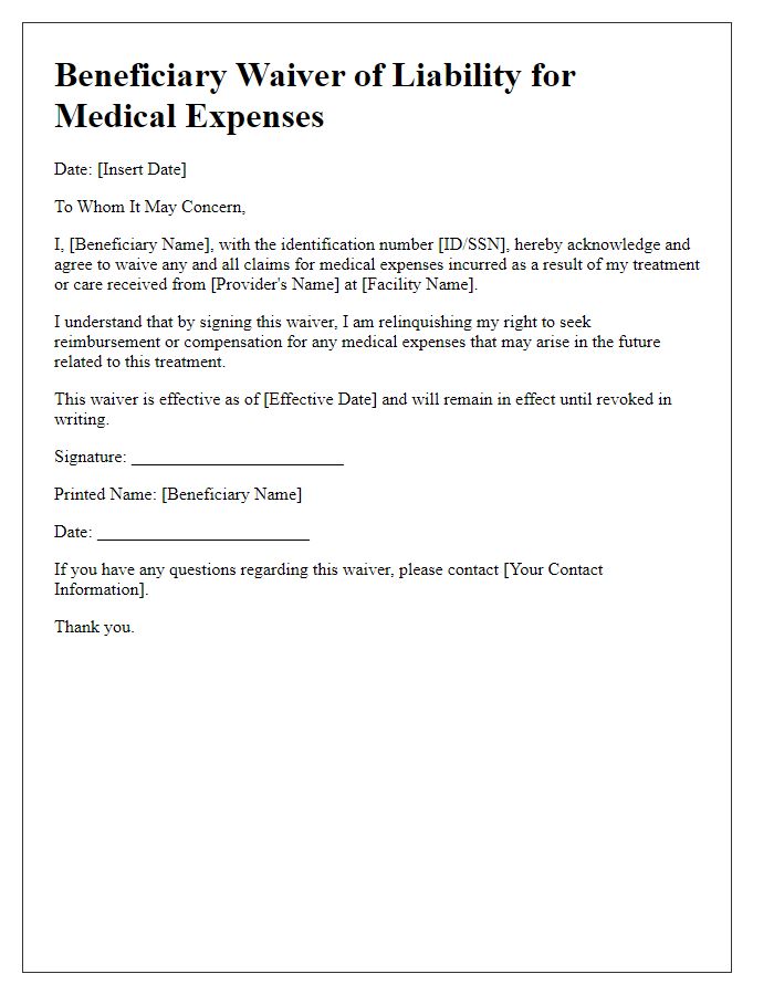 Letter template of Beneficiary Waiver of Liability for Medical Expenses