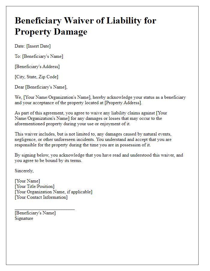 Letter template of Beneficiary Waiver of Liability for Property Damage