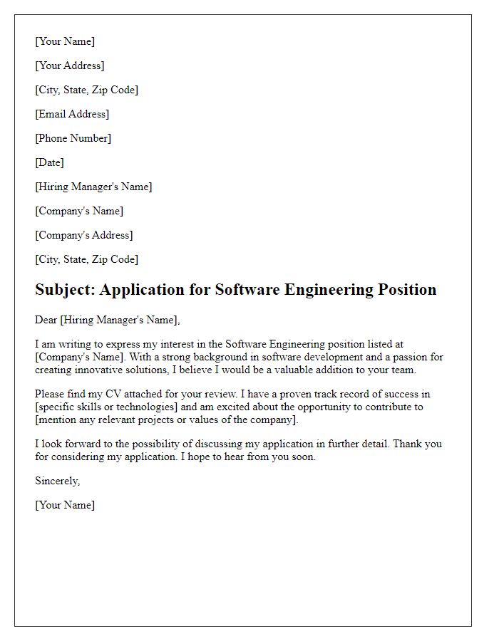 Letter template of CV submission for software engineering position