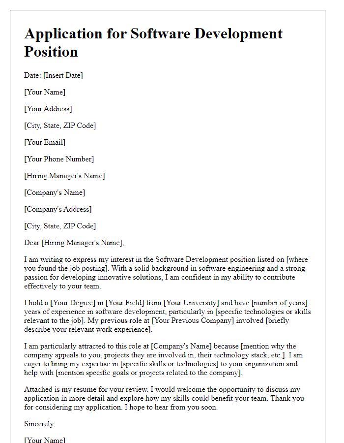 Letter template of formal application for software development career