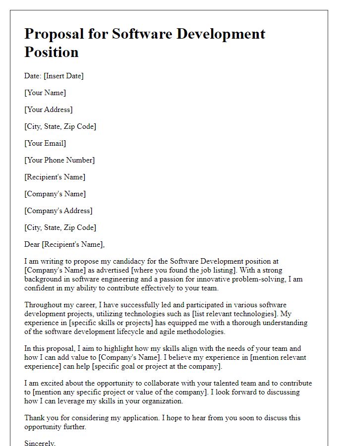 Letter template of proposal for software development job application