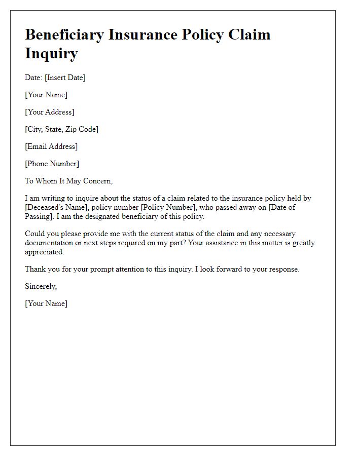 Letter template of beneficiary insurance policy claim information inquiry