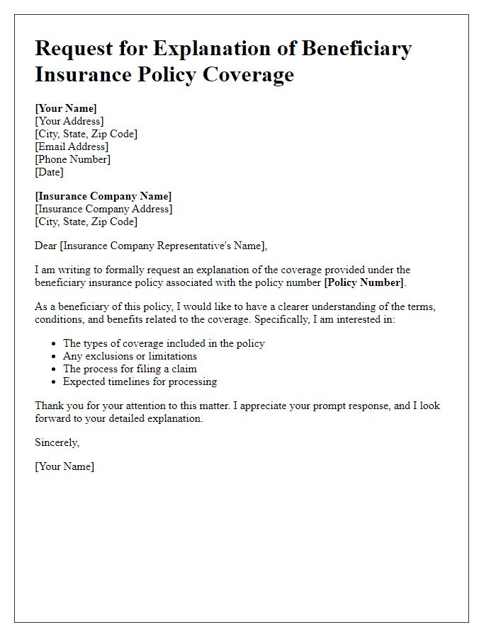 Letter template of beneficiary insurance policy coverage explanation request